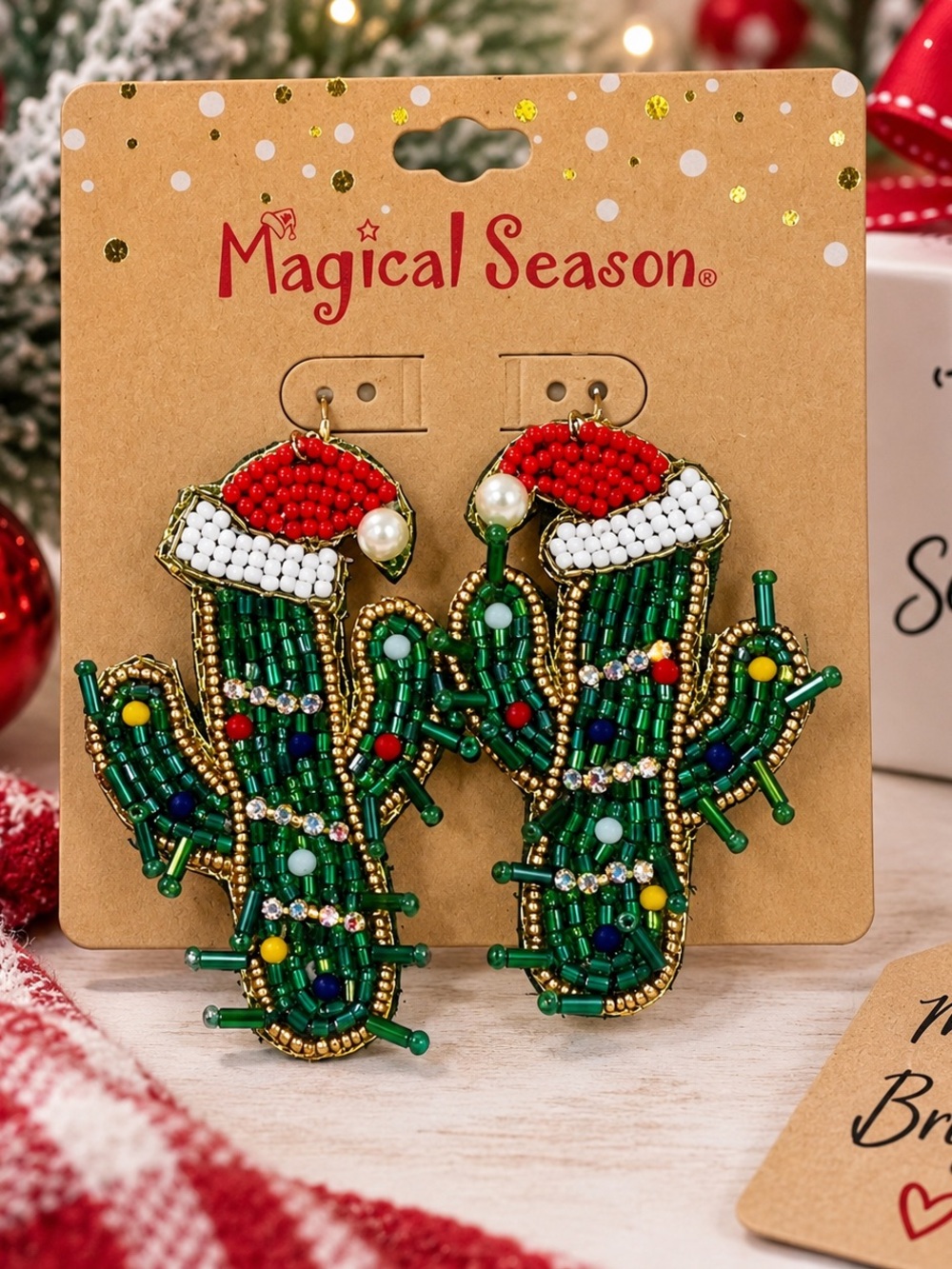 Magical Season Beaded Christmas Cactus - Santa Hat Earrings